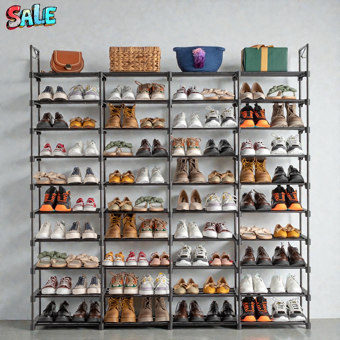 Tcbosik 10-Tier Shoe Rack, 67" Wide Large Capacity Organizer Holds 70+ Pairs, with Hooks for Bags & Hats, Metal Frame for Closet or Entryway, Black
