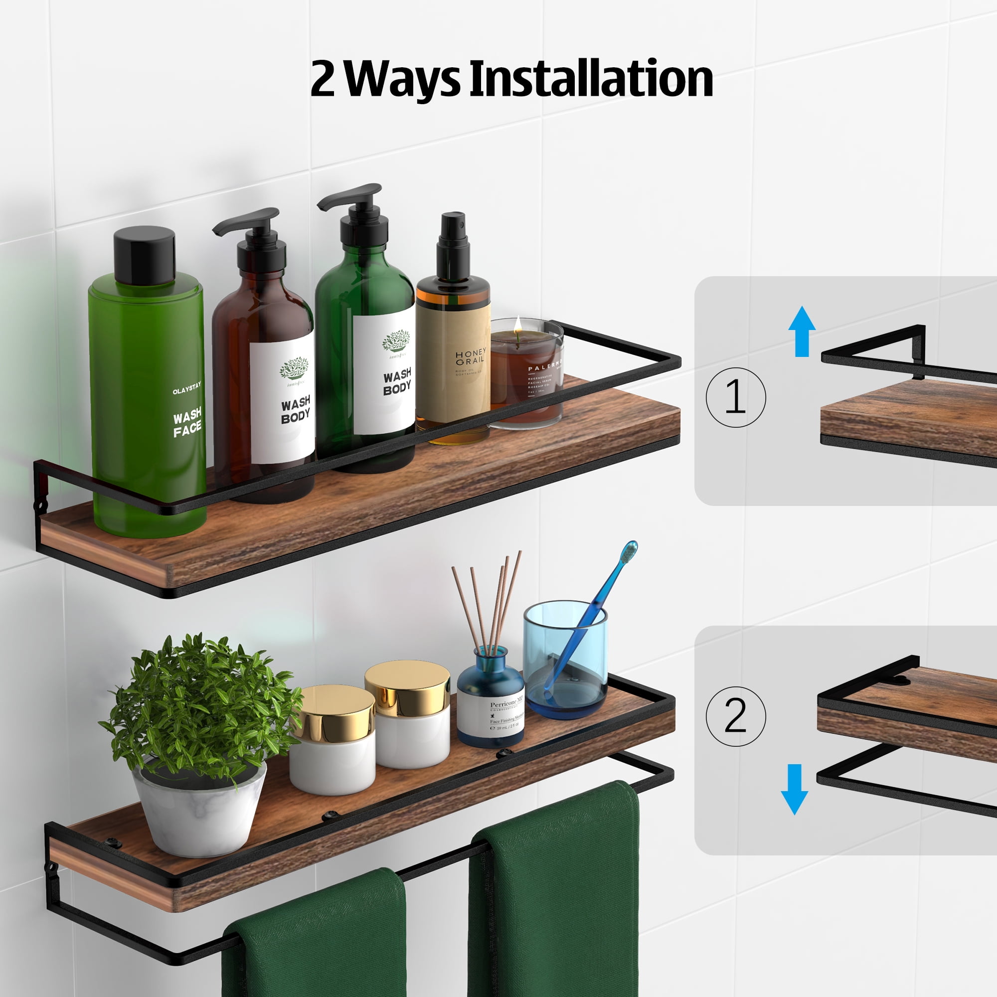 Meangood Floating Shelves Wall Mounted Set of 2, Rustic Wood Wall Storage Shelves for Bedroom, Living Room, Bathroom, Kitchen (Brown)