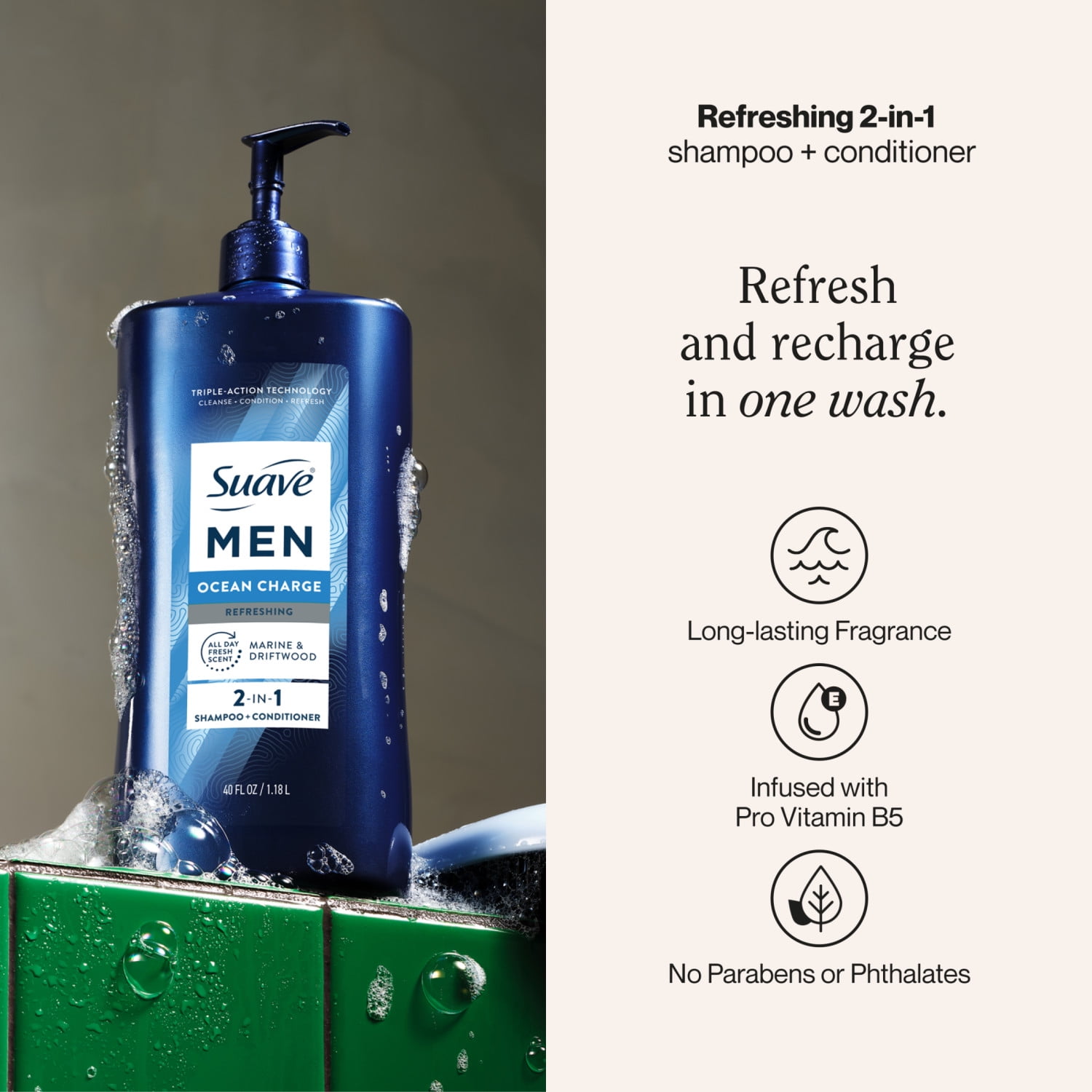 (4 pack) Suave Men Ocean Charge 2-in-1 Refreshing Shampoo & Conditioner with Pro Vitamin B5, 40 FL OZ Pump