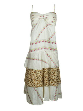 Mogul Women Boho Spaghetti Strap Dress Women's IVORY Ruffled Printed Vintage Printed Gypsy Chic Dresses S/M