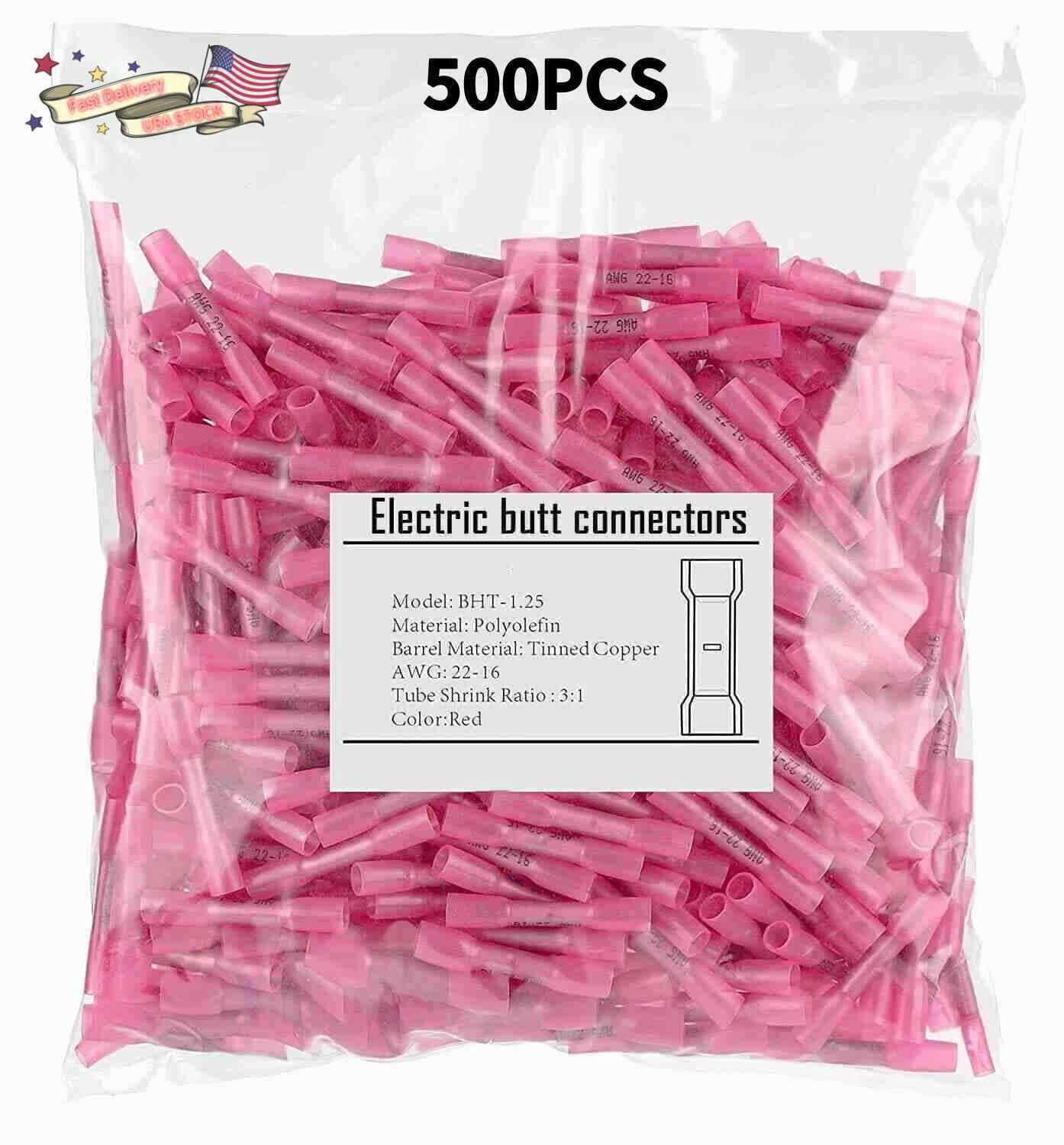 500Pcs RED Heat Shrink Butt Wire Connectors Crimp Terminals AWG 16-22 Gauge