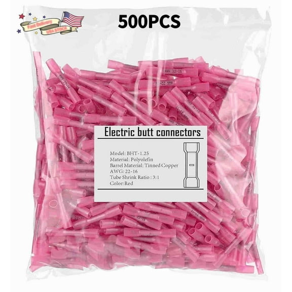 500Pcs RED Heat Shrink Butt Wire Connectors Crimp Terminals AWG 16-22 Gauge