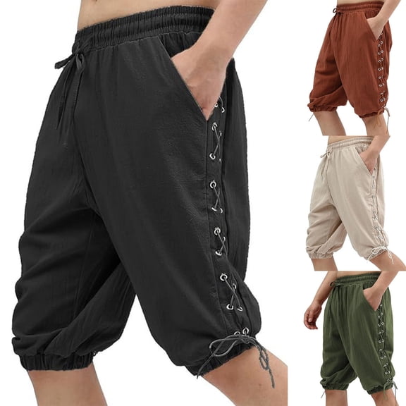 Miluxas Mens Cotton Yoga Pants Elastic Waist Lace up Casual Summer 3/4 Capri Shorts Wide Leg Baggy Cropped Trousers Brown XL(XL)