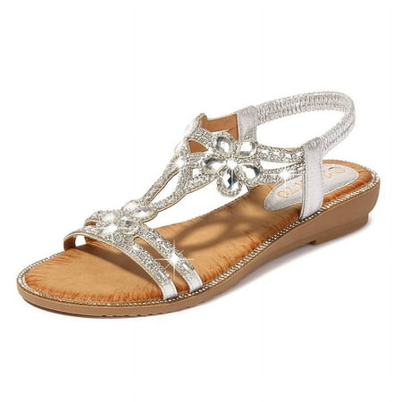 

XWQWJH Women s Rhinestones Flipflops Flat Sandals Open Toe T-Strap Elastic Dressy Beach Flowers Thong Sandal