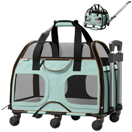 Katziela Luxury Rider Pet Carrier with Removable Wheels and Double Telescopic Handle (Blue and Brown) Pack 1