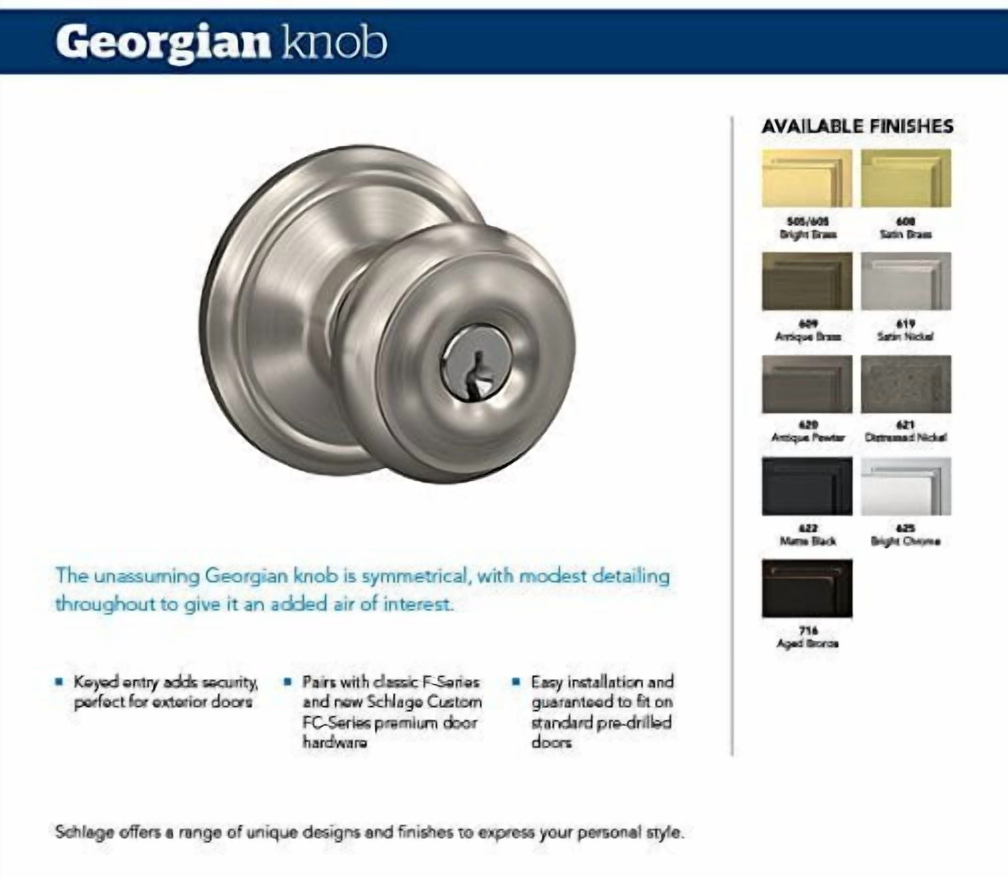 Schlage F51AGEO608CAM Georgian Keyed Entry Single Cylinder Door Knob Set - Brass