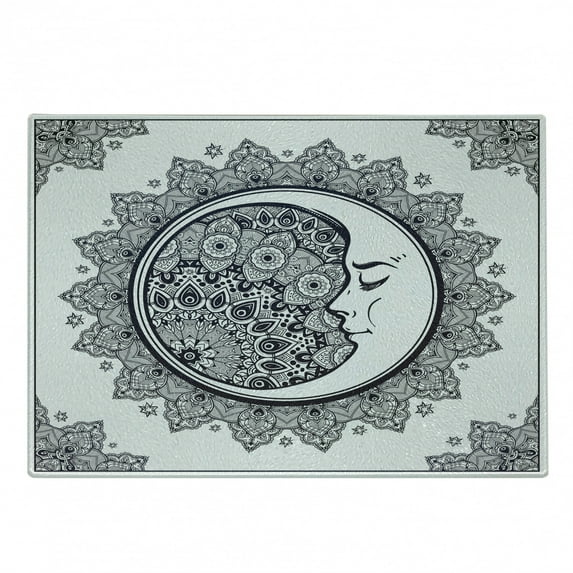 Zodiac Cutting Board, Intricate Boho Mandala Form Crescent Moon Foreground Alchemy, Decorative Tempered Glass Cutting and Serving Board, Small Size, Dark Blue White, by Ambesonne