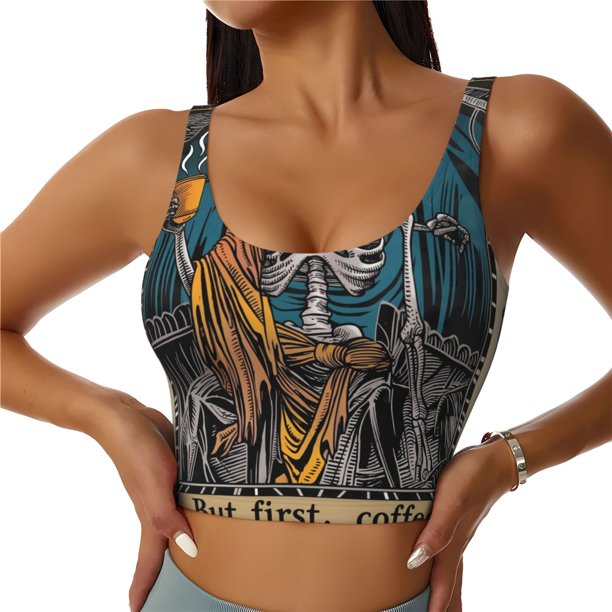 Balery Coffee-Drinking Skull Sujetadores deportivos con espalda cruzada para mujer, acolchados, sin costuras, de alto impacto, ideales para yoga, gimnasio, entrenamiento y fitness.-Small