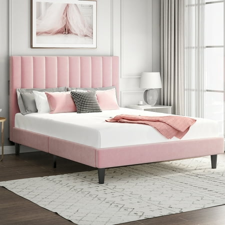 SHA CERLIN Queen Size Velvet Platform Bed Frame with Vertical Channel Headboard  Pink