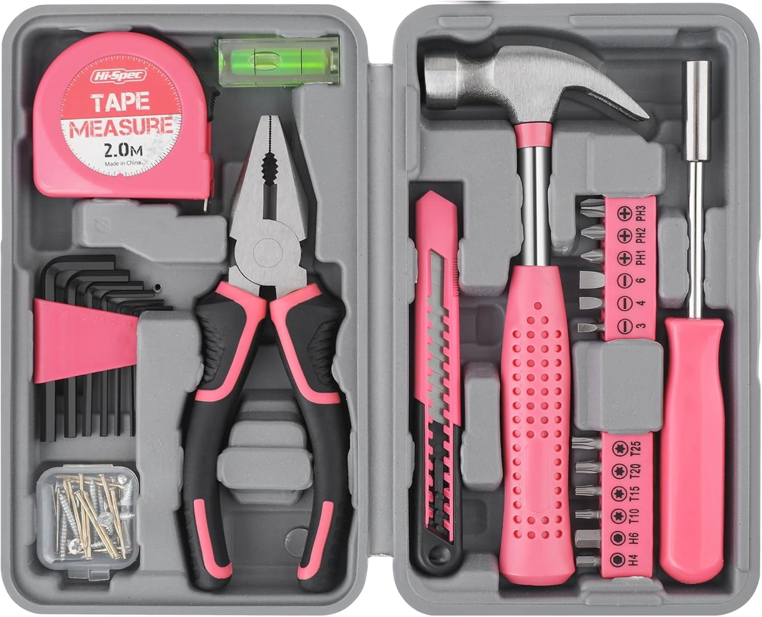 RGHJAR-Tool Set 25pc Pink Household DIY Tool Kit for Women. Small Mini Tool Box Set of Starter Basic Ladies Tools