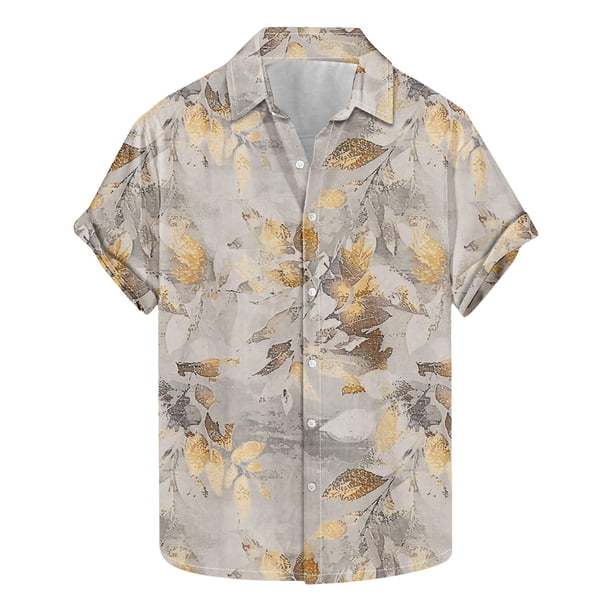 Camisas de Manga Corta de los Hombres Casual Hoja Impresión Solapa Superior, Mezcla de Poliéster/Spandex de la Moda para la Fiesta Y la Playa