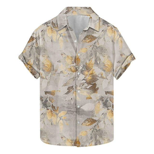 Camisas de Manga Corta de los Hombres Casual Hoja Impresión Solapa Superior, Mezcla de Poliéster/Spandex de la Moda para la Fiesta Y la Playa