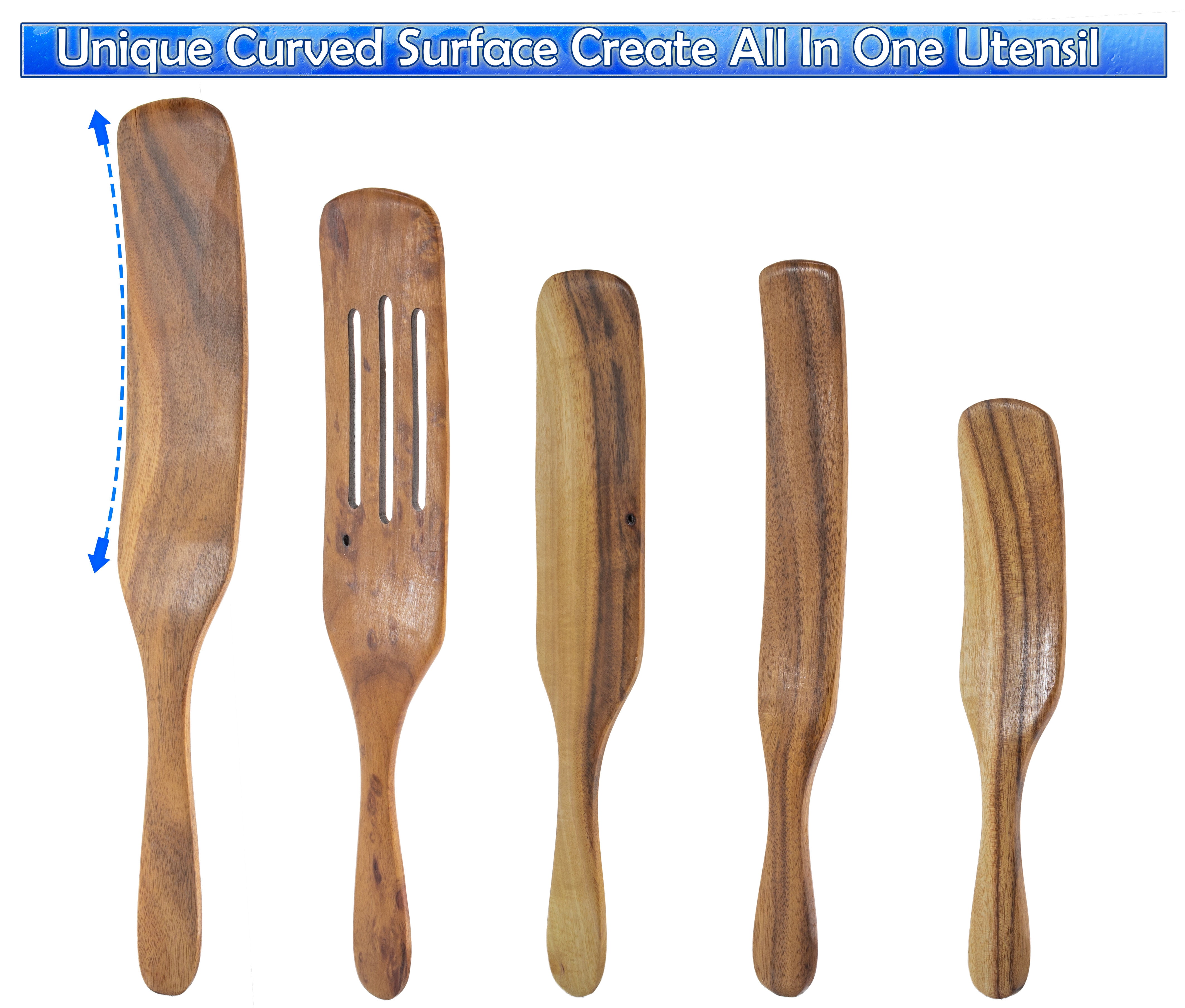 Spurtle Spatula Spoon Kitchen Cooking Utensil - Premium Wood 10pc Set - Natural Teak Wood Machine Washable - Non Stick Wooden Cookware Spatula Spoon