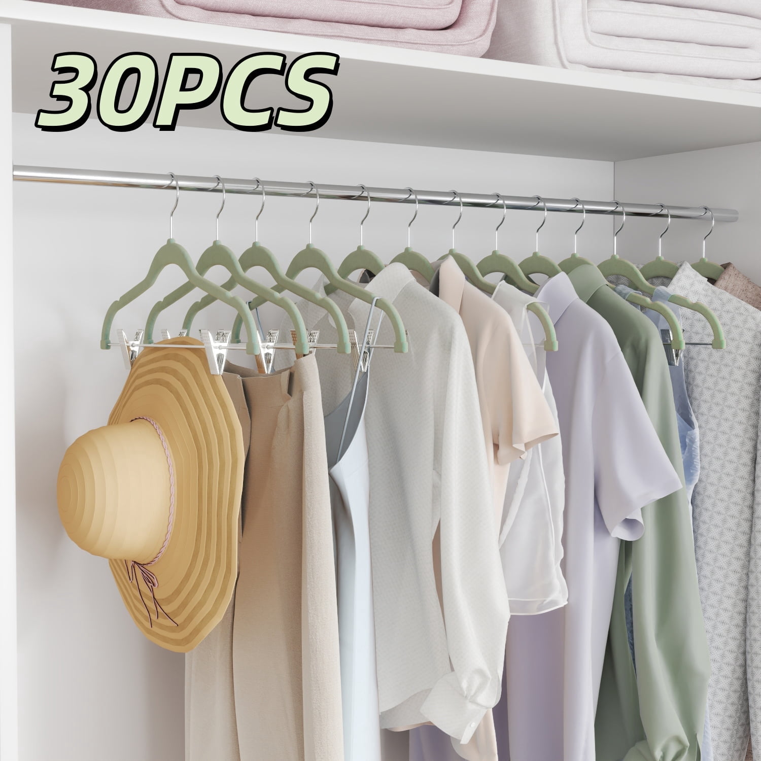 LEDREM 30-Pack Adjustable Velvet Hangers, Heavy-Duty Non-Slip Skirt Hangers, Pants Hangers with Movable Clips, Space-Saving for Dresses & Coats, Pale Green