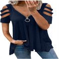thumbnail image 1 of QJUHUNG Women Summer Short Sleeve Cold Shoulder V Neck Zipper Tunic Tops Loose Leopard Blouse, 1 of 2