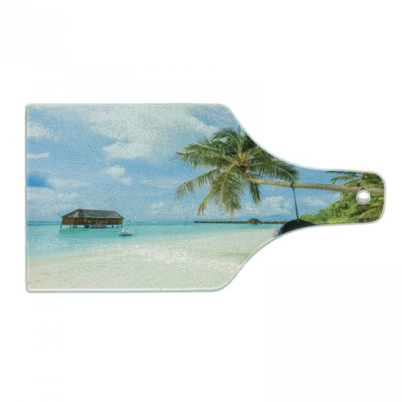Ocean Cutting Board, Exotic Beach in the Maldives with Crystal Waters and Palm Trees on the Sand Tropical, Tempered Glass Cutting and Serving Board, Wine Bottle Shape, Multicolor, by Ambesonne
