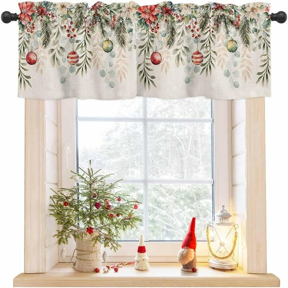 YQHWQ Eucalyptus Leaf Valance Winter Snow Scene Window Decoration 54x18 Inch Christmas Poinsettia Window Valance for Bedroom Living Room Christmas Bells Berry Vintage Linen Curtain Vala