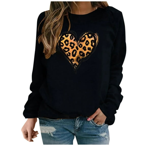 Leopard Heart Sweatshirts for Valentine's Day Womens Cute Long Sleeve Crewneck Pullover Top Outfits