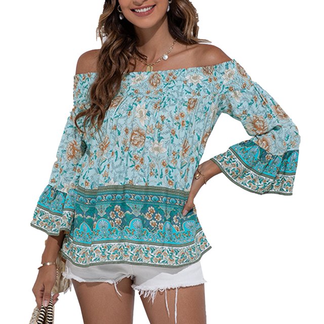 Blusa con hombros descubiertos y manga acampanada, blusa con hombros descubiertos y estampado floral para mujer, señora, citas, oficina