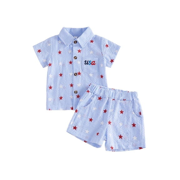 Loicainy Baby Toddler Boy 4th of July Outfits 6 12 18 24 Months 2T 3T 4T 5T Short Sleeve Letter Embroidery Button Up Shirt Shorts Set Kids Clothes