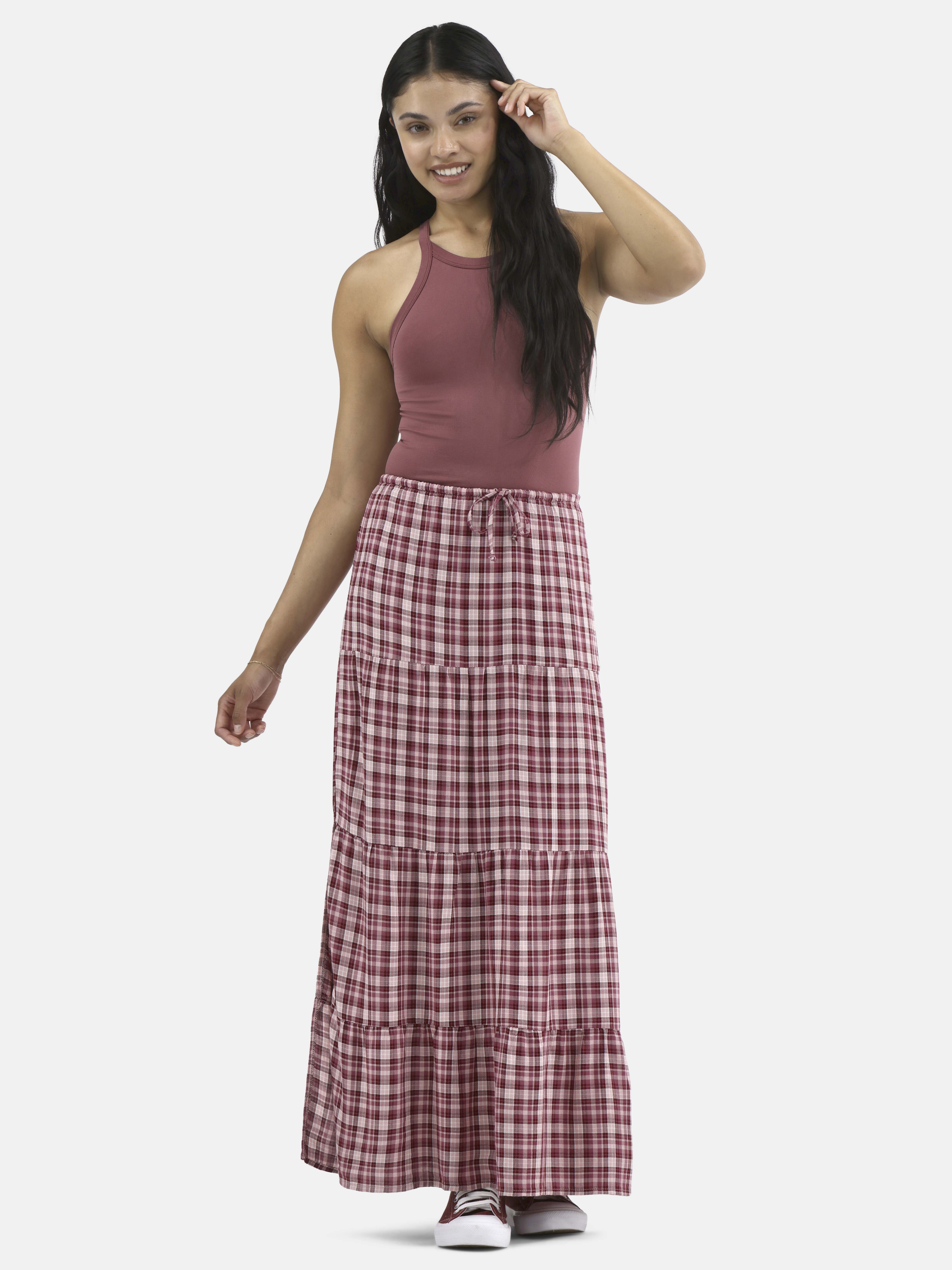 No Boundaries Woven Plaid Tiered Maxi Skirt, Women's