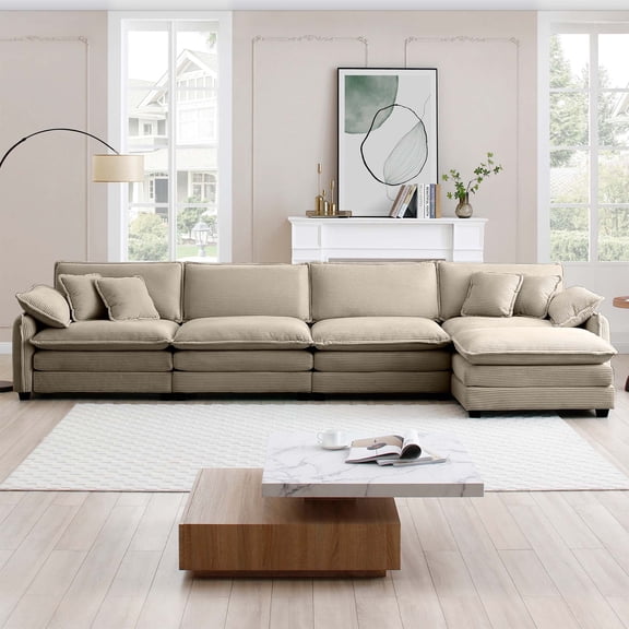 Corduroy Sofa Modern Upholstered 4 Seater with with 1 Footstool Corduroy Fabric Sofa,Office Living Room Apartment Comfort Sofa, Easy to Assemble with 2 Arm Pillows and 4 Throw Pillows
