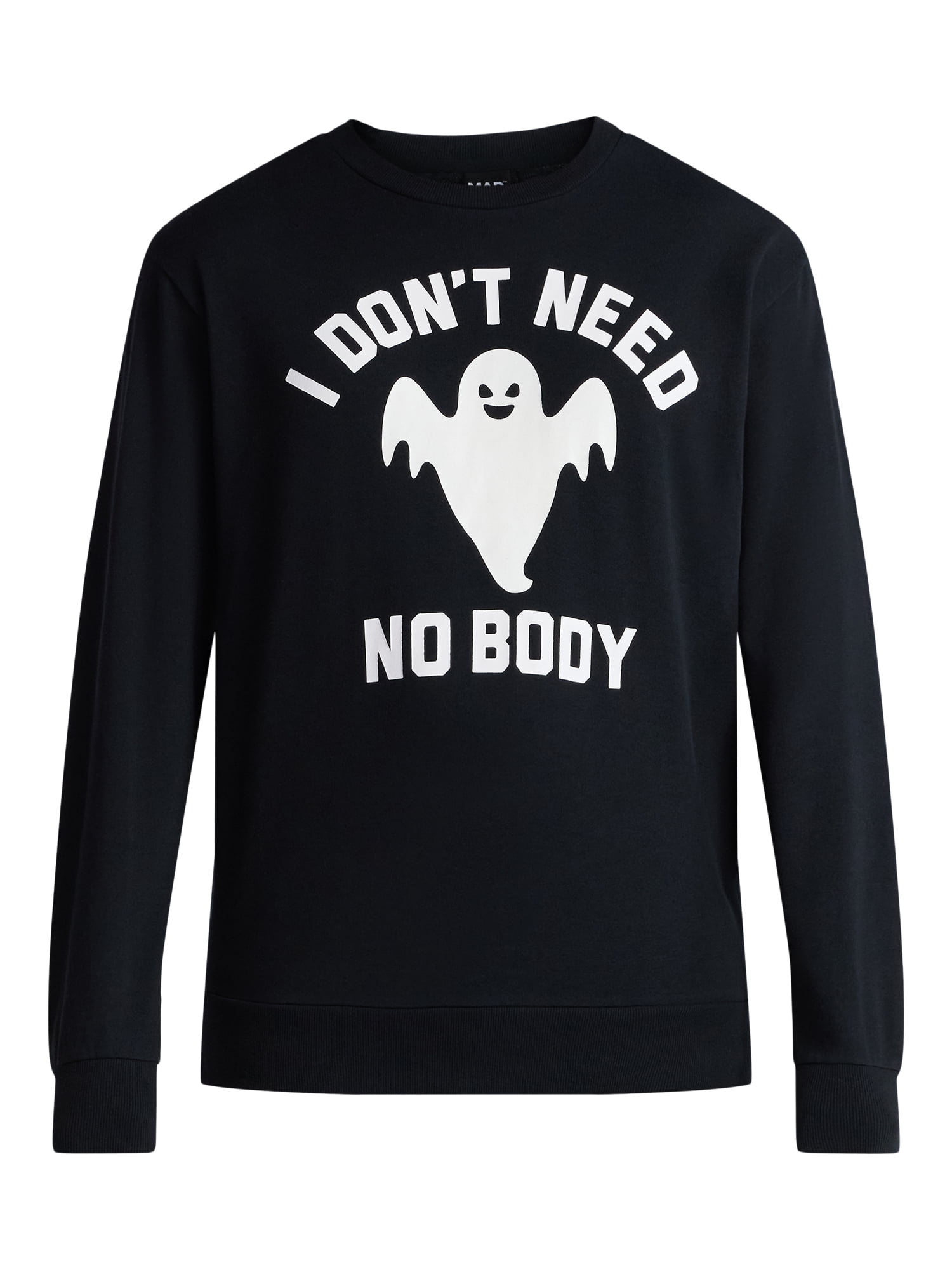 Halloween Crewneck Fleece Sweatshirt, Glow in the Dark Ghost I Don't Need No Body, Men's Sizes XS-3XL