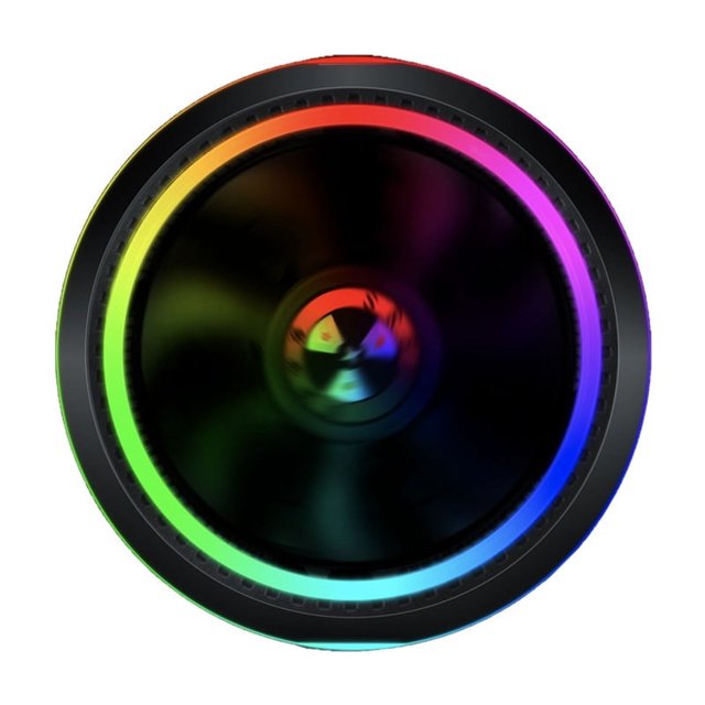 ventilador de sombra para radiador de computadora de escritorio, ventilador de CPU, ventilador silencioso y luminoso Vista frontal centrada de ventilador de CPU en forma de OVNI con carcasa circular negra y aro LED multicolor Flowing light en verdes, azules, morado y rojo; aspas oscuras en ligero movimiento, diseño compacto para radiadores de PC, a menudo usado para mejorar la refrigeración silenciosa en configuraciones de escritorio.
