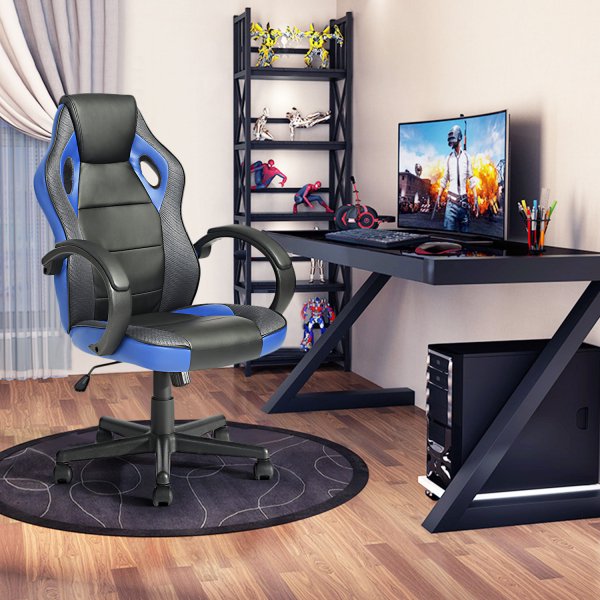 silla ergonomica gaming silla oficina azul furniturer estilo de juego silla gamer azul con respaldo alto y cabecera integrada, asiento acolchado, reposabrazos curvos y base giratoria de 360° con ruedas; a menudo se usa también como silla de escritorio para sesiones largas de juego o trabajo.