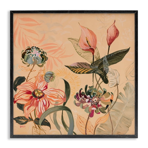Stupell Industries Tropical Foliage & Blooms Floral Painting Black Framed Art Print Wall Art, 12 x 12