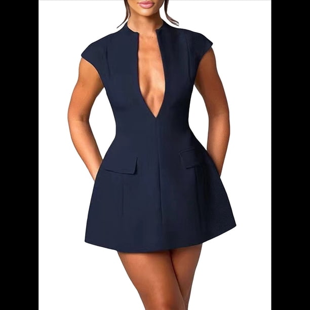 Vestido Mini de Verano Sexy para Mujer, con Mangas , Escote en V Profundo y Cremallera, Corte A, Ajustado, para Fiesta Azul Marino XL