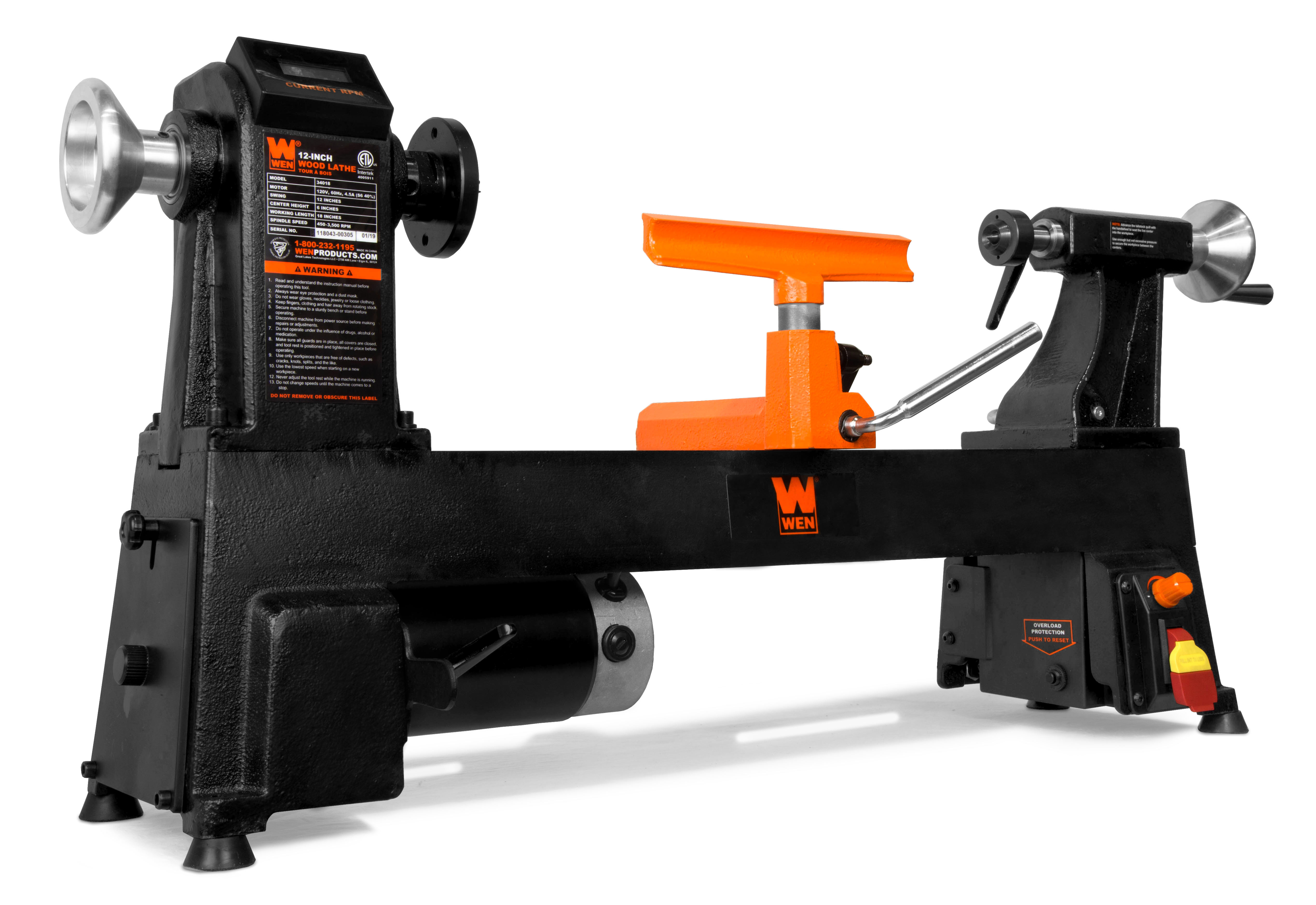 WEN 12Inch by 18Inch Variable Speed Cast Iron Wood Lathe, 34018