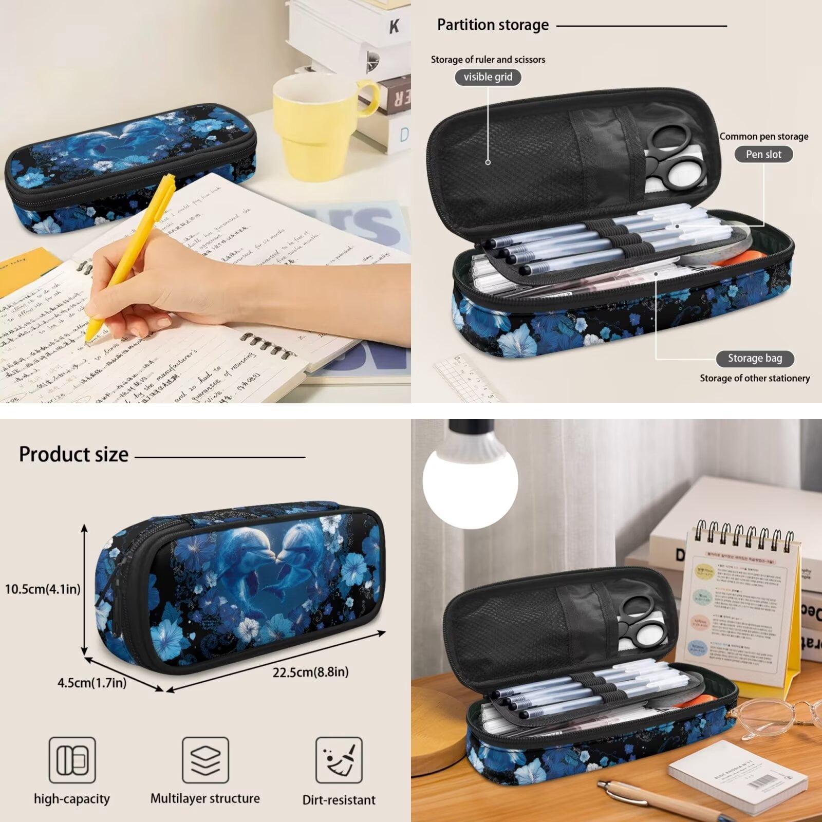 Pzuqiu Blue Floral Dolphin 4 Piece School Backpack Set Backpacks for Teens Girls with Lunch Box Pencil Case 2pcs Bookmark,17 Inch Large Travel Rucksack Schoolbag for Middle School