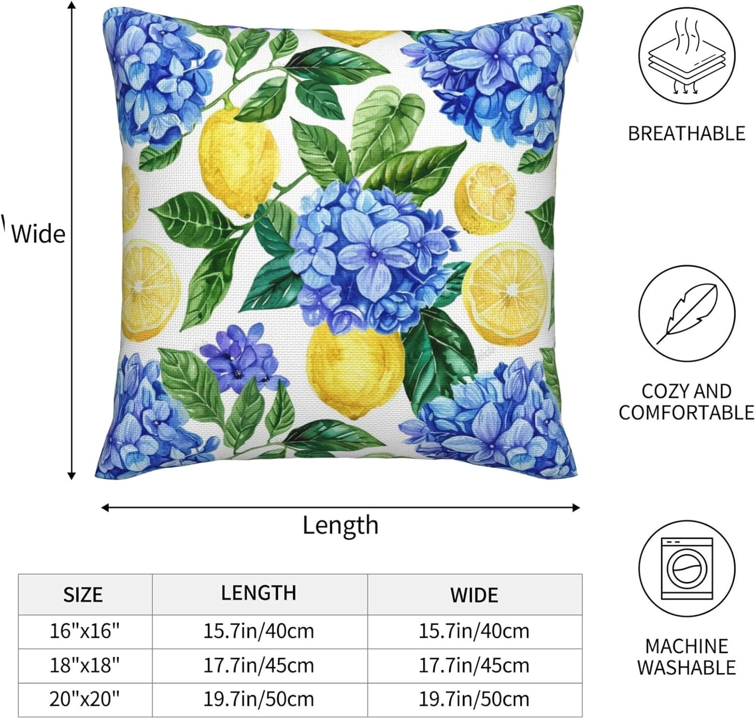KiuLoam Summer Lemon Hydrangea Pillow Covers 18x18 Set of 2 Blue Yellow Floral Decorative Throw Pillow Covers Outdoor Farmhouse Cushion Cases for Sofa Couch Bed Living Room Decor