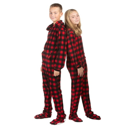 Hoodie Footed one piece Buffalo Plaid Fleece Footed Pajamas for Boys & Girls