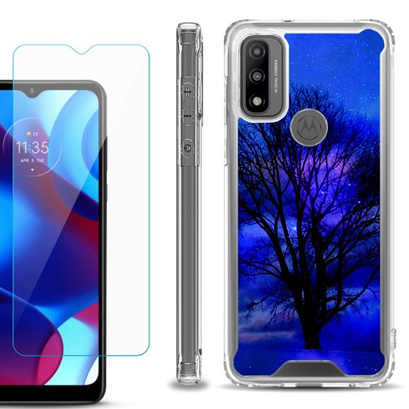 Shockproof Bumper Phone Case for Motorola Moto G Pure, with Tempered Glass Screen Protector, by OneToughShield ® - Night Tree