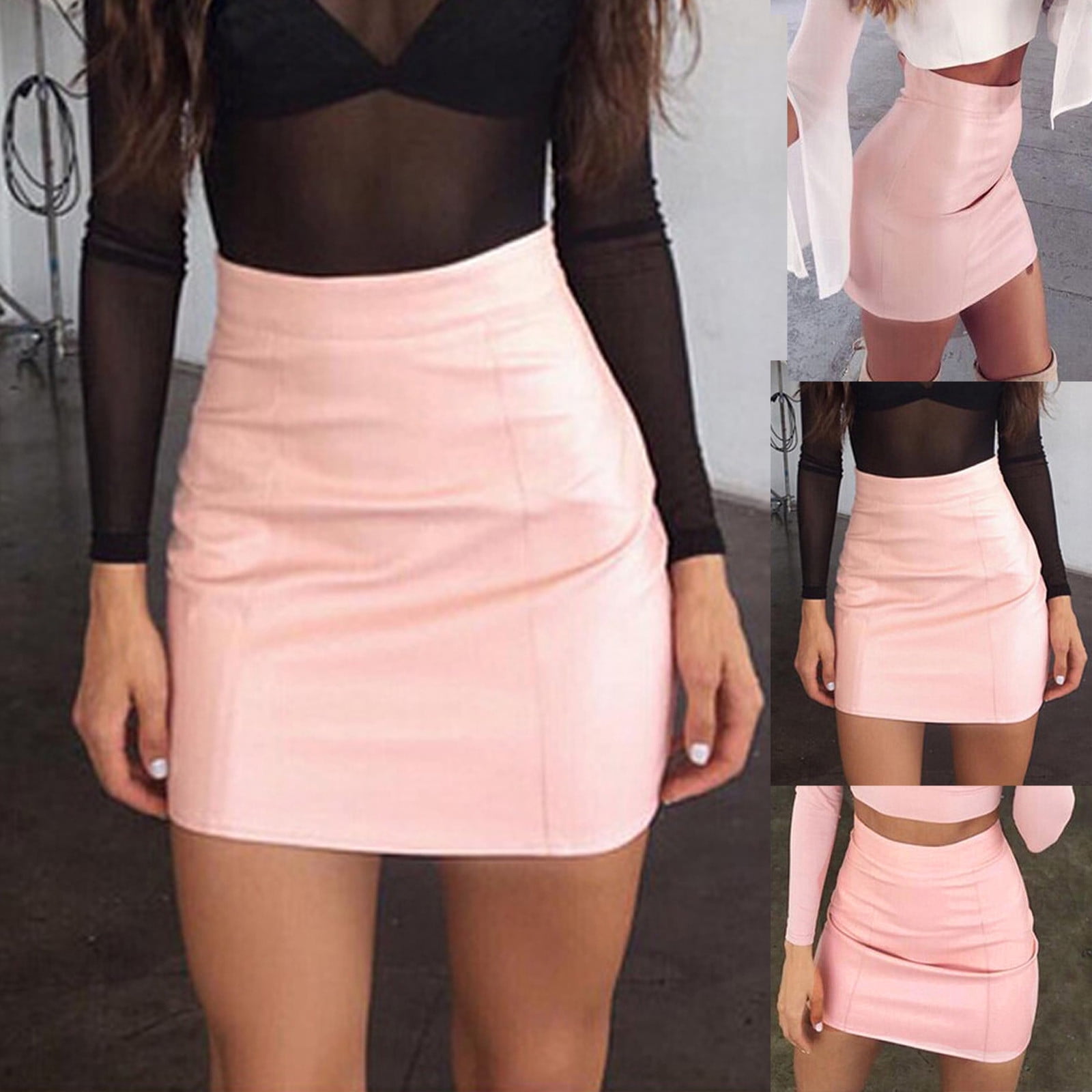 Hanas Fashion Socks Fashion Women Zipper Solid Tight Fitting Leather Versatile Casual Mini Skirt Pink S
