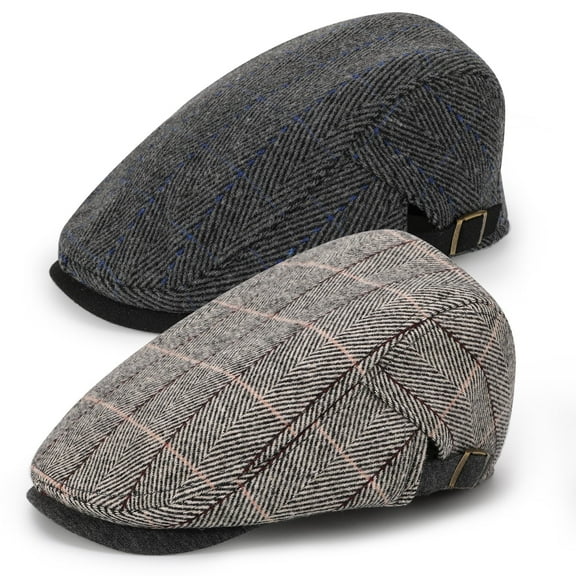 Bocaoying 2 Pcs Newsboy Caps for Men, Adjustable Flat Cap with Cotton Tweed, Beret with Soft Lining Sweatband, Classic Peaked Brim Cap for Driving, Casual, Golf, One Size 21.6"-23.6", Black/Grey