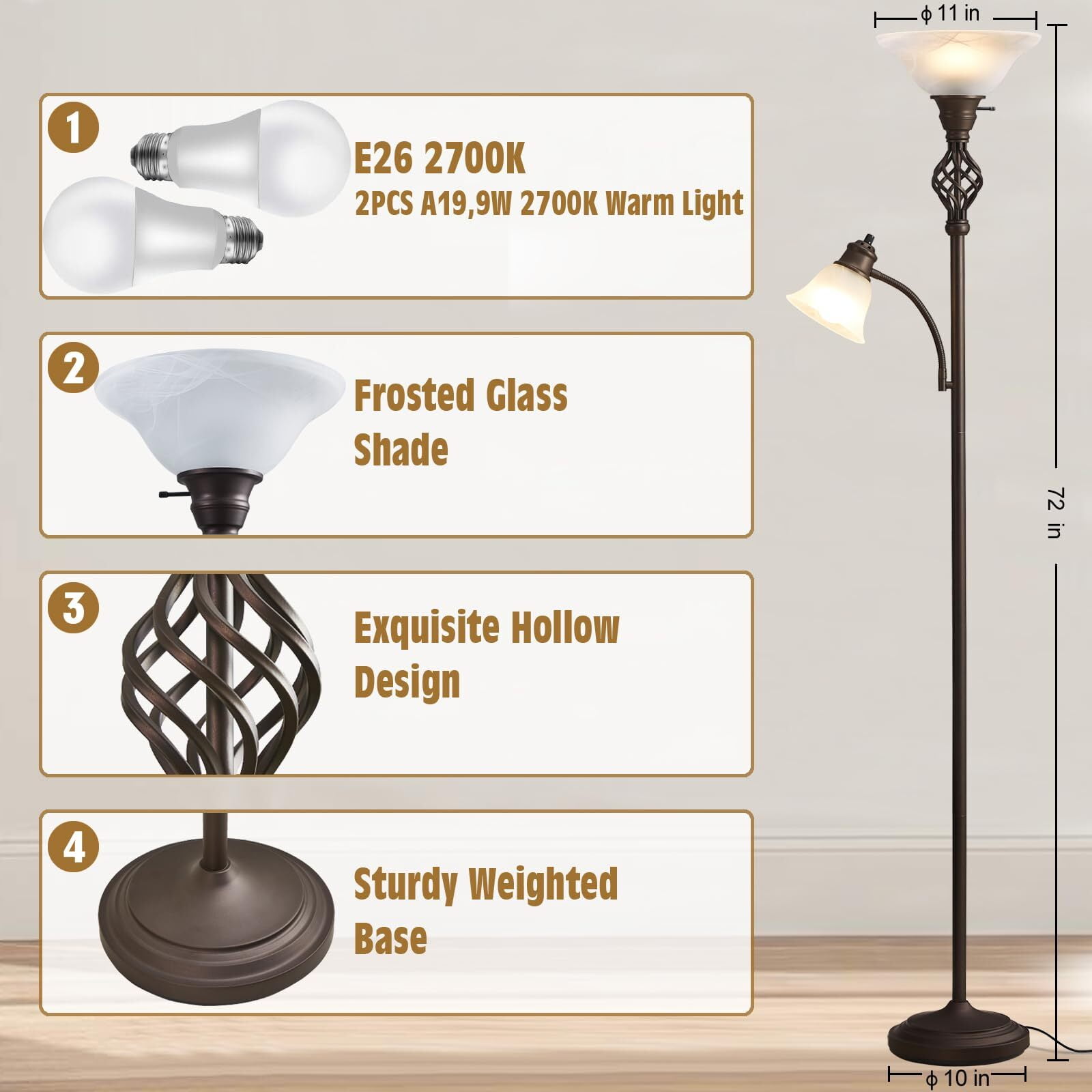 NATYSWAN Torchiere Floor Lamp for Living Room, LED Standing Reading Light for Bedroom with Glass Shade for Living Room Corner Bedroom Home Office, Bulbs Included