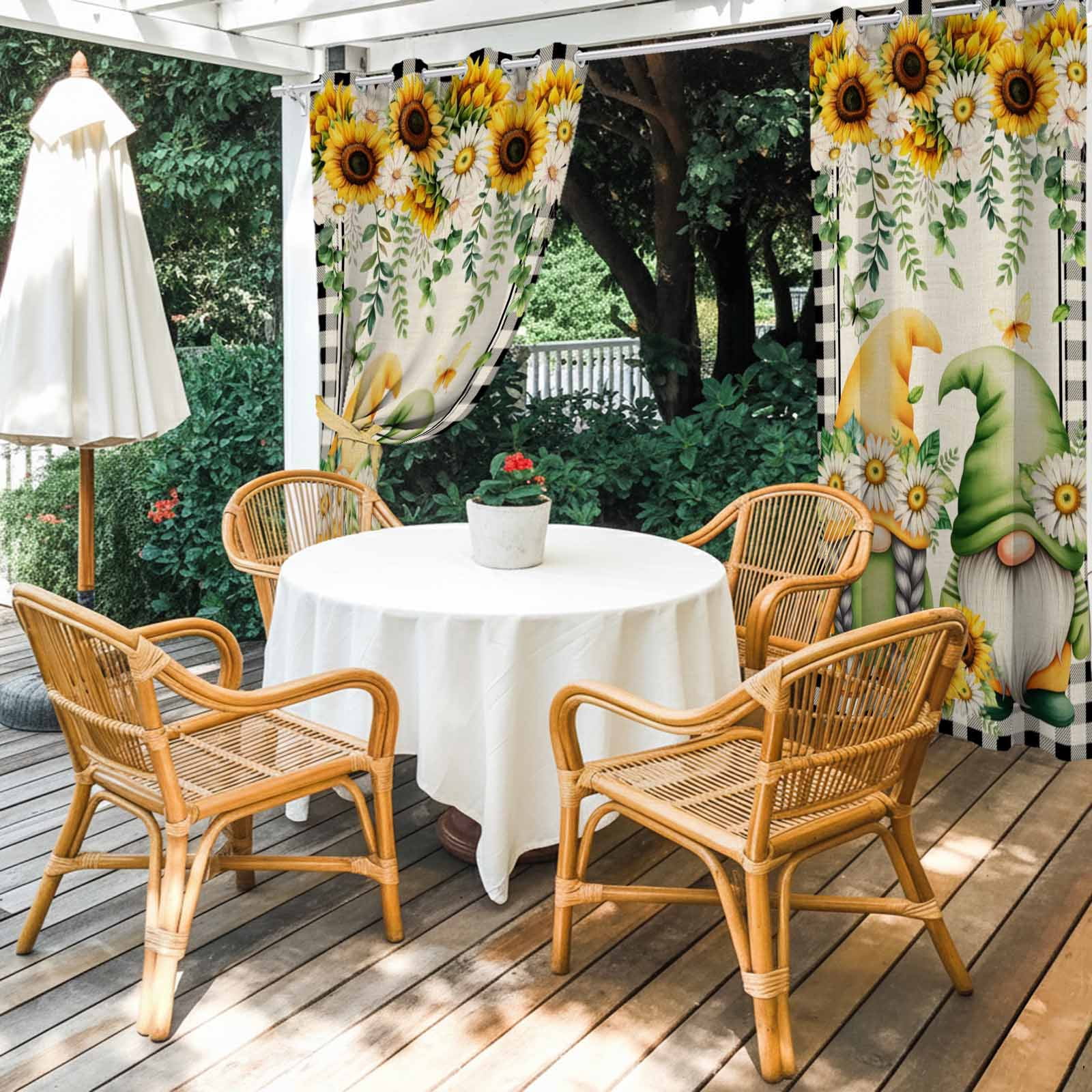 2 Panels Outdoor Curtains for Patio Waterproof 54"x84" Sunflower Gnomes Weatherproof Privacy Outsides Curtains, Spring Farmhouse Vintage Daisy Floral Leaf Grommet Thermal Drapes for Cabana Porch
