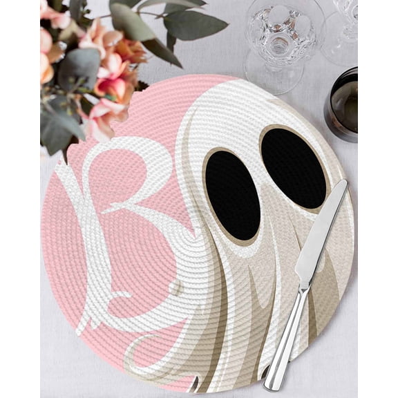 13 Inch Round Placemats Set of 6, Halloween Non Slip Heat Insulation PP Table Mats, Cartoon Funny Error Ghost Pink Washable Place Mats for Kitchen Dining Party Table Decor