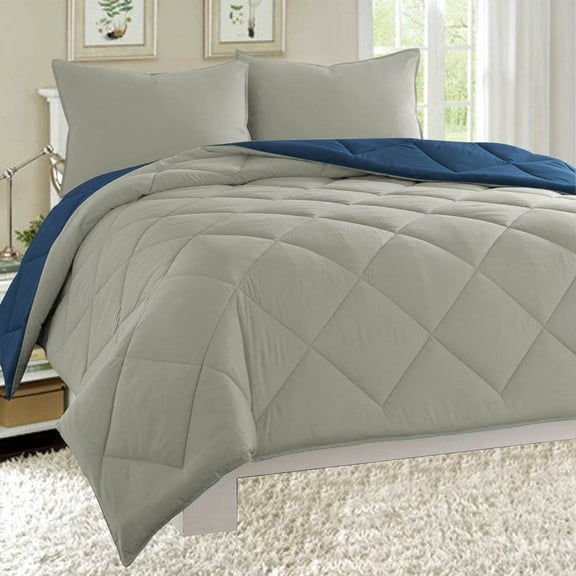 Dayton Queen Size 3-Piece Reversible Comforter Set Soft Brushed Microfiber Quilted Bed Cover Gray & Navy