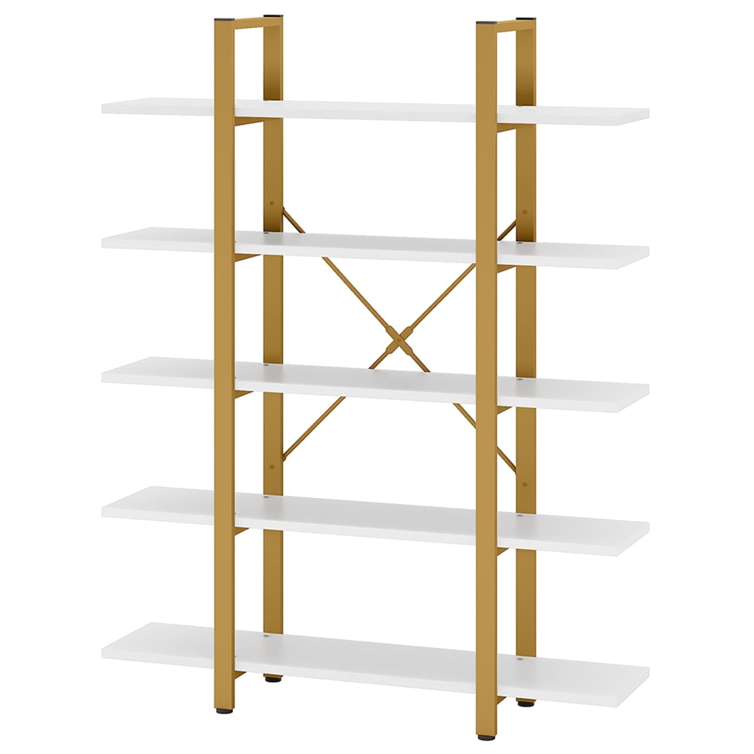 Demi Bonn 5 Tier Bookshelf, Bookshelves, Open Etagere Bookcase Shelf Storage Organizer, Free Standing Storage Shelving Unit for Bedroom, Living Room and Home Office, White & Gold