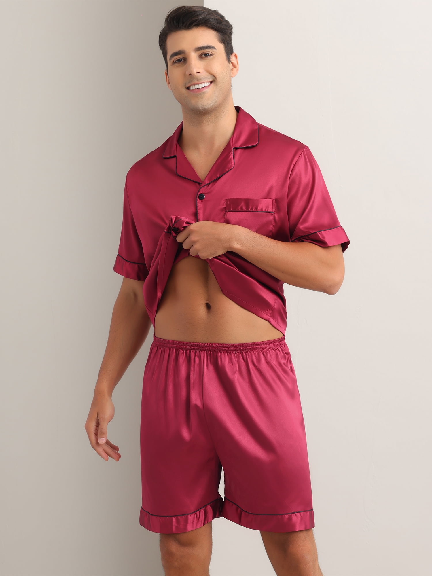 DARING DIVA Men's 2-Piece Satin Short Sleeve Nightwear Shorts Pajamas Set 2XL Red