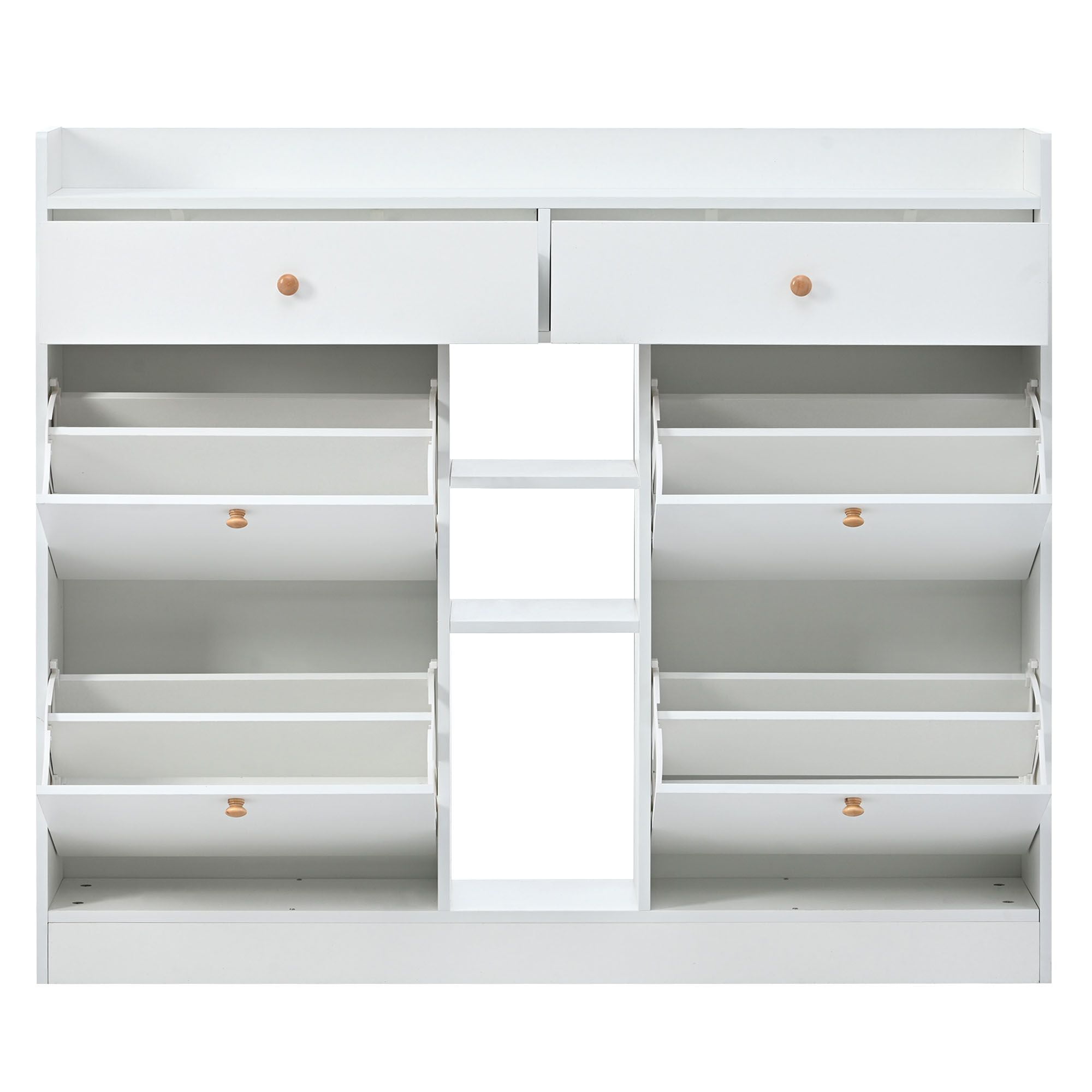 DEALTOPS Modern Freestanding Shoe Cabinet with 4 Flip Drawers and Open Shelves, Stylish Shoe Rack with 2 Storage Drawers for Entryway - White