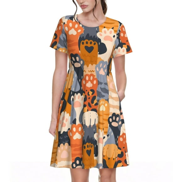 Lsque Cute Cat Paw Print Women's Casual Dress T-Shirt Summer Short Sleeve Scoop Neck Swing Dresses