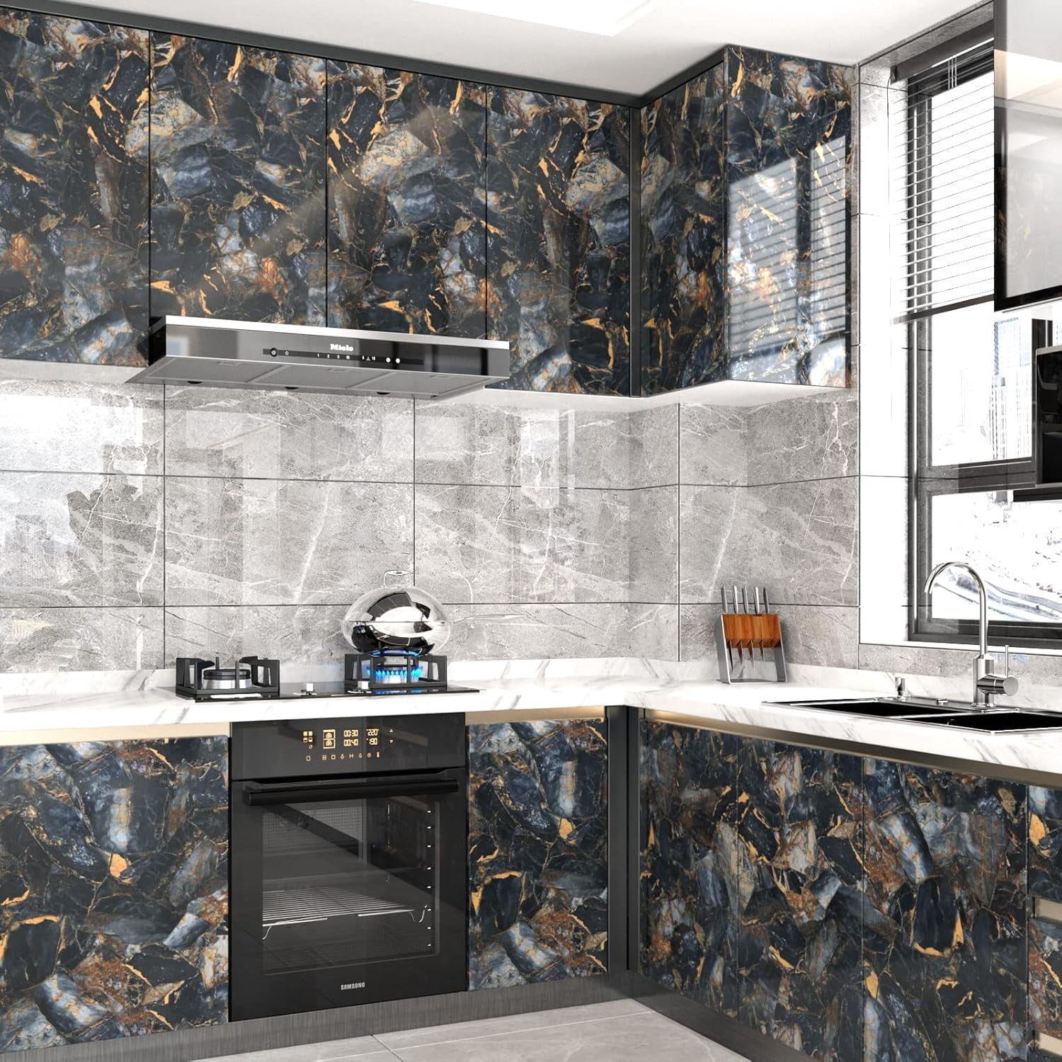 EP Marble Black Contact Paper Peel and Stick Countertops Gold Contact Paper Peel and Stick for Kitchen Backsplash Waterproof Black Wallpaper Vinyl Marble Shelf Liner Counter Top Wallpapers24" x 394''