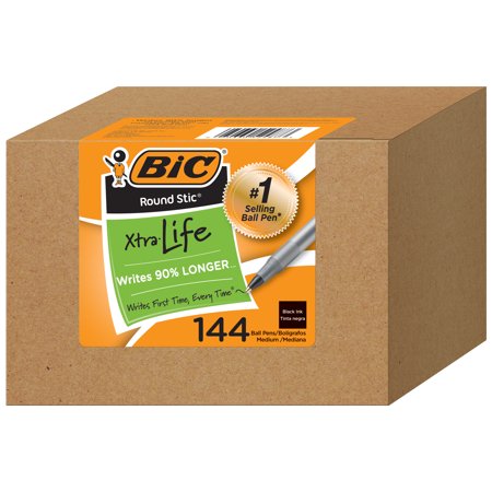 UPC: 0070330524873 | BIC Round Stic Xtra Life Ball Point Pen  Medium Point (1.0 mm)  Black Ink  Bulk Pack of 144 Pens