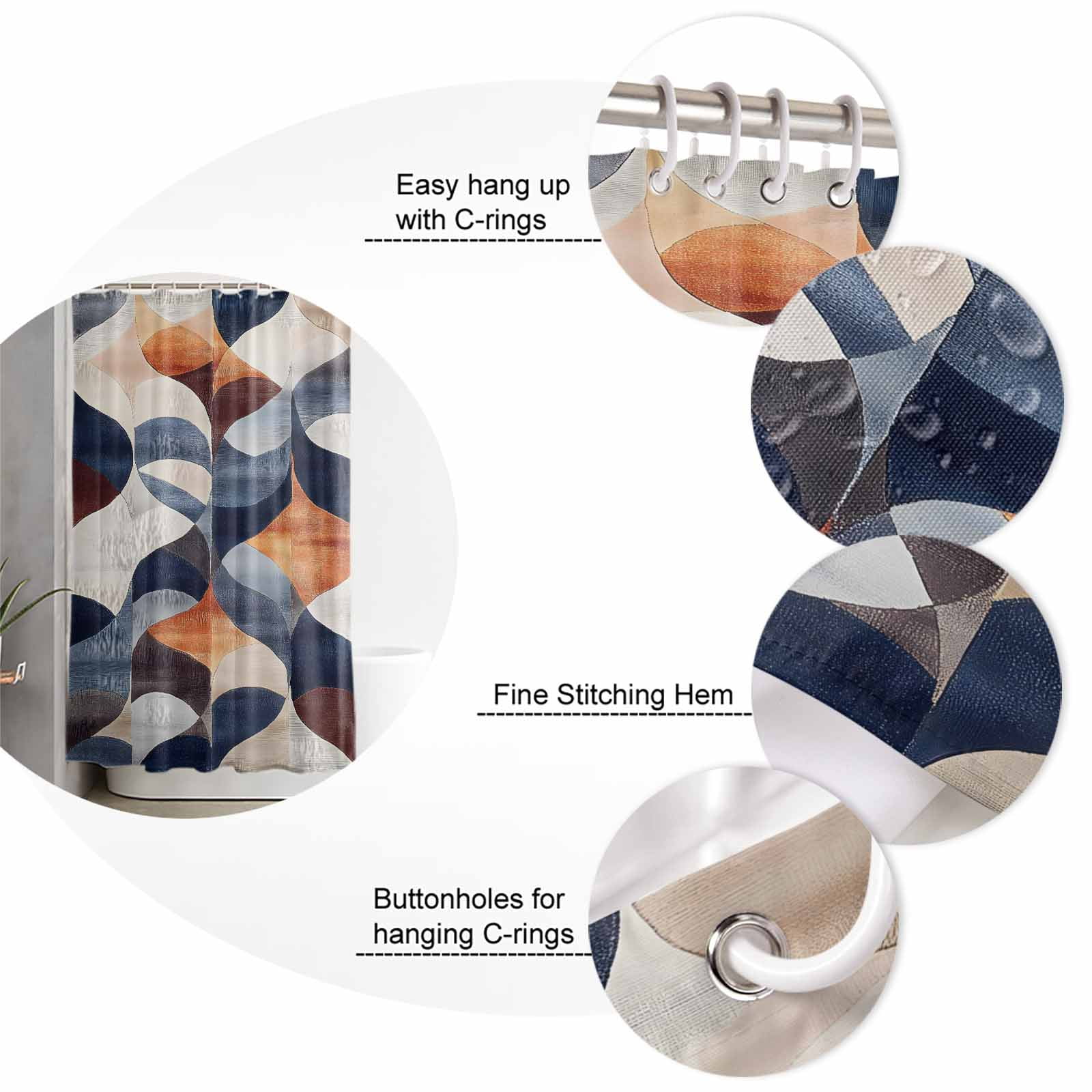 Navy Blue Burnt Orange Shower Curtains for Bathroom Waterproof Fabric Bath Curtains Decor Bath Tub Curtain Retro Geometric Abstract Decorative Shower Curtain Sets with 12 Hooks, 72x72 Inch