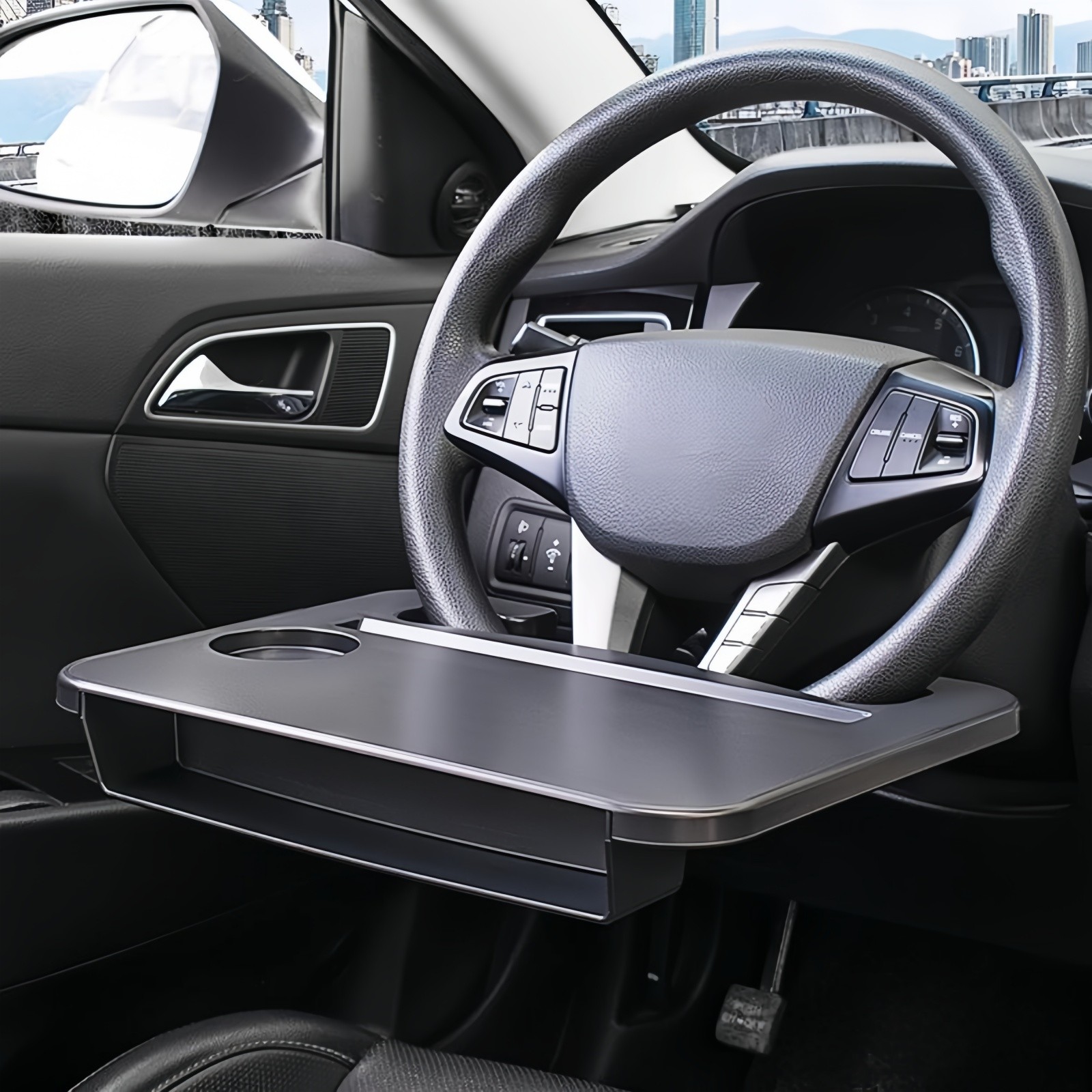 ZZERHUOO Two In One Steering Wheel Tray Food And Beverage Rack Seat Storage Black Car Leather Foam Car Interior Leather Car Pendant Interior Rearview Charms Hanging Ornament Light Car Mats Automotive